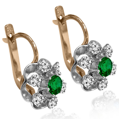Russian Style Genuine Emerald Diamond Earrings 585