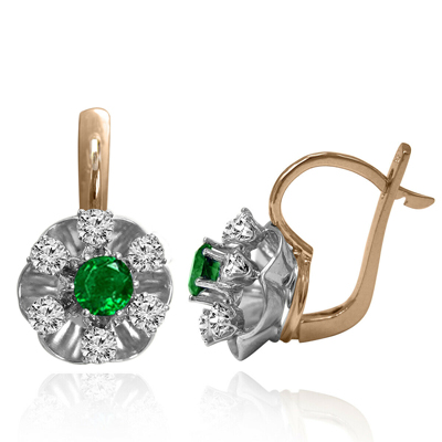 Russian Style Genuine Emerald Diamond Earrings 585