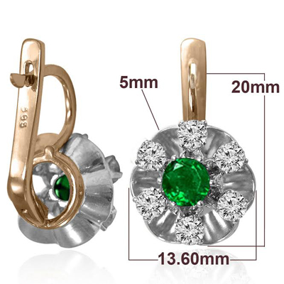 Russian Style Genuine Emerald Diamond Earrings 585