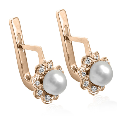 Russian Style Diamond Pearl Earrings 585 14k
