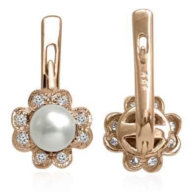 Russian Style Diamond Pearl Earrings 585 14k