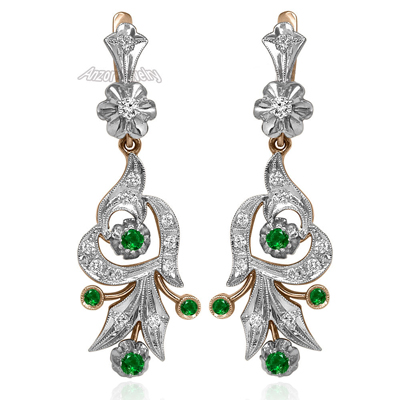 Russian Style Diamond & Emerald Earrings in 14k