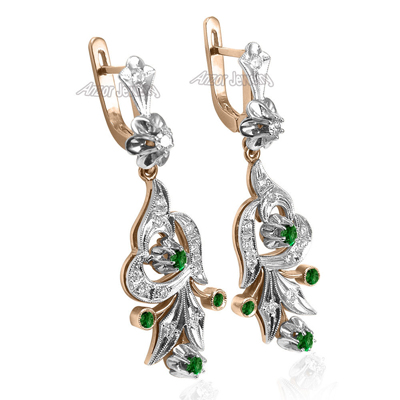 Russian Style Diamond & Emerald Earrings in 14k