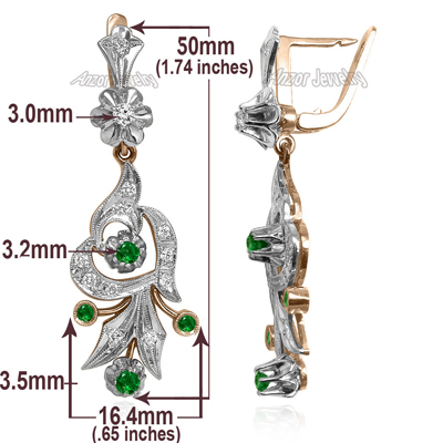 Russian Style Diamond & Emerald Earrings in 14k