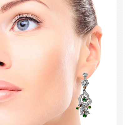 Russian Style Diamond & Emerald Earrings in 14k
