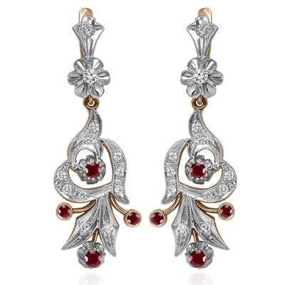 Russian Style Diamond & Ruby Earrings in 14k