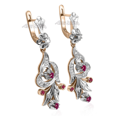 Russian Style Diamond & Ruby Earrings in 14k