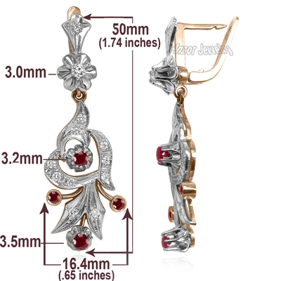 Russian Style Diamond & Ruby Earrings in 14k