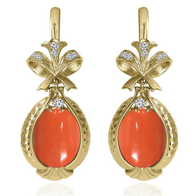 Russian Style Diamond Coral Earrings 14K F VS1