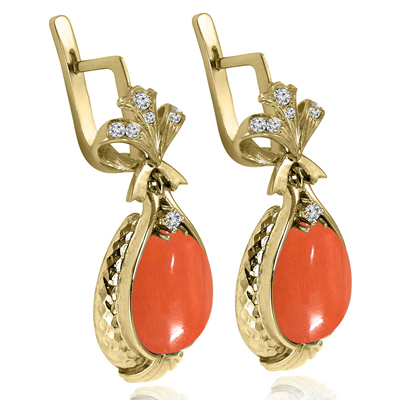 Russian Style Diamond Coral Earrings 14K F VS1