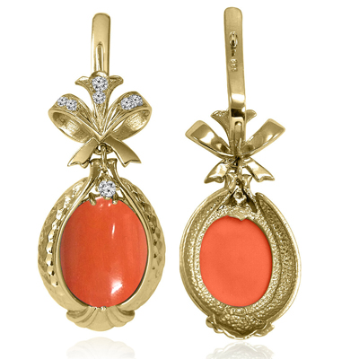 Russian Style Diamond Coral Earrings 14K F VS1