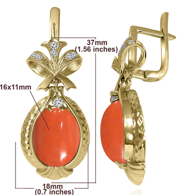 Russian Style Diamond Coral Earrings 14K F VS1