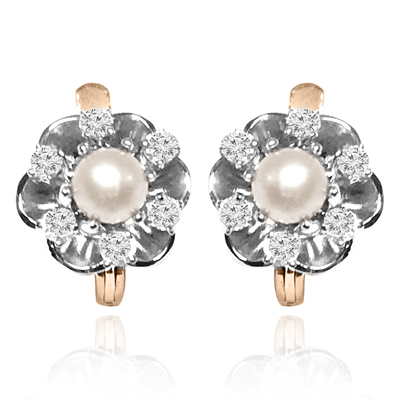 14k W&Y Gold Russian style Diamond Pearl Earring