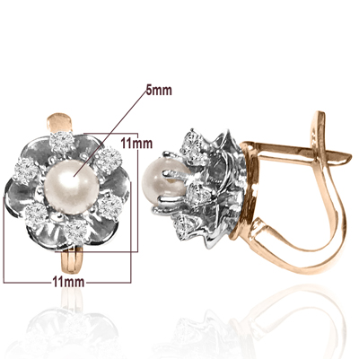 14k W&Y Gold Russian style Diamond Pearl Earring