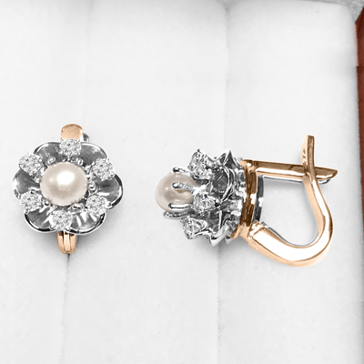 14k W&Y Gold Russian style Diamond Pearl Earring