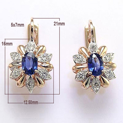 Russian Style Diamond Sapphire Earrings 14k