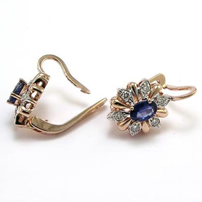Russian Style Diamond Sapphire Earrings 14k