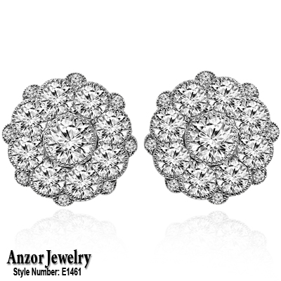 14k White Gold Flower Design Diamond Earrings