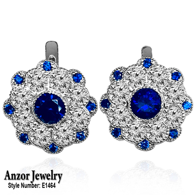 Russian Style Sapphire Diamond flowe Earrings 14k