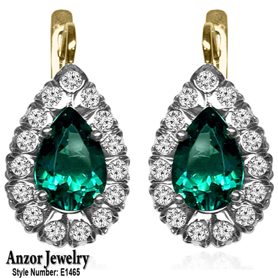 14K Gold Lab Created Emerald Diamond Earrings
