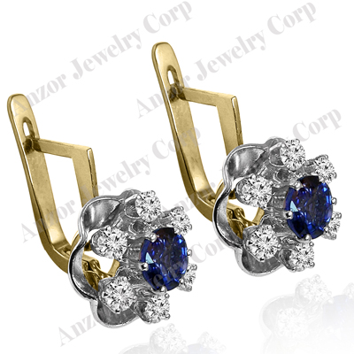 14k Gold Genuine Sapphire Diamond Flower Earrings