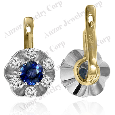 14k Gold Genuine Sapphire Diamond Flower Earrings