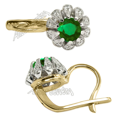 Russian Style Emerald Diamond Earrings 14k Gold