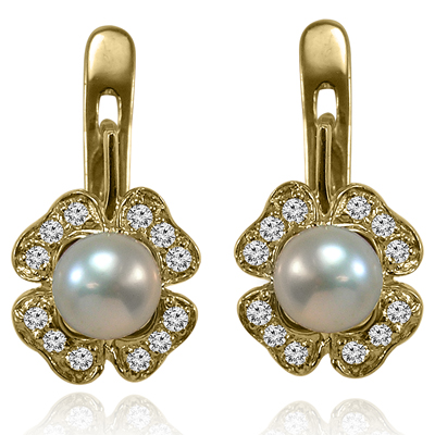 Russian Style Diamond Pearl Earrings 585 14k