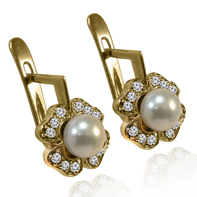Russian Style Diamond Pearl Earrings 585 14k
