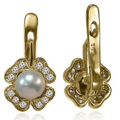 Russian Style Diamond Pearl Earrings 585 14k
