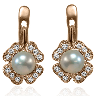 Russian Style Diamond Pearl Earrings 585 14k