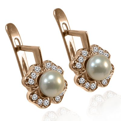 Russian Style Diamond Pearl Earrings 585 14k