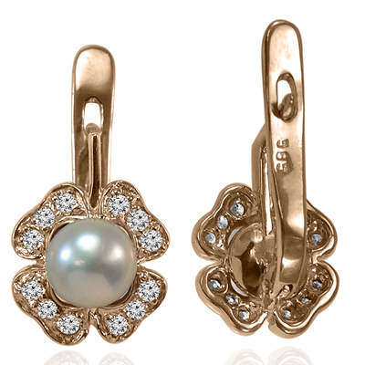 Russian Style Diamond Pearl Earrings 585 14k