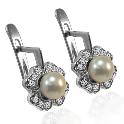 Russian Style Diamond Pearl Earrings 585 14k