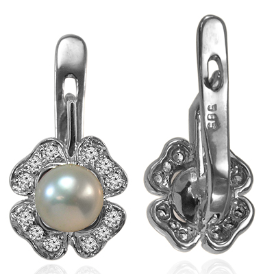Russian Style Diamond Pearl Earrings 585 14k