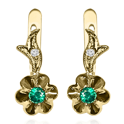 14k Russian Style Diamond emerald Earrings 585