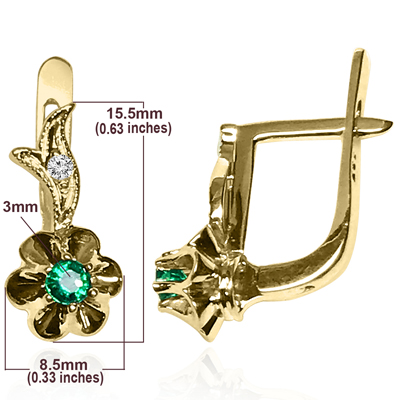 14k Russian Style Diamond emerald Earrings 585