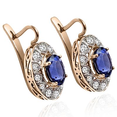 14k Russian Style lab Sapphire & Diamond Earrings