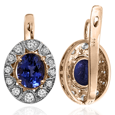 14k Russian Style lab Sapphire & Diamond Earrings
