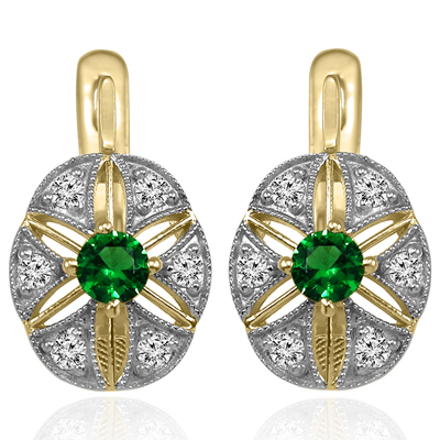 Russian Style Diamond & Emerald Earrings 585