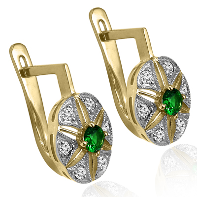 Russian Style Diamond & Emerald Earrings 585
