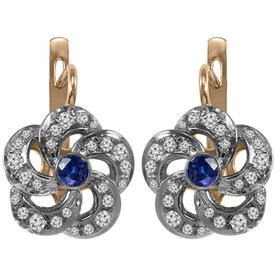 Russian Style Sapphire Diamond Flower Earrings 14k