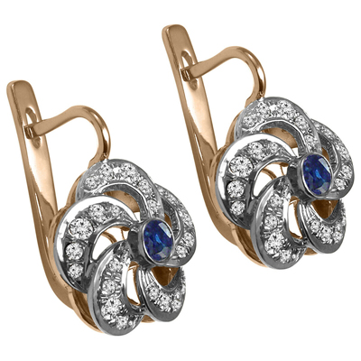 Russian Style Sapphire Diamond Flower Earrings 14k