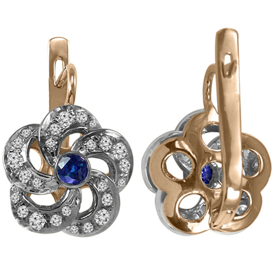 Russian Style Sapphire Diamond Flower Earrings 14k