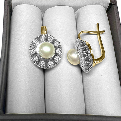 Russian Style Cultured Pearl Earrings 585 Gold
