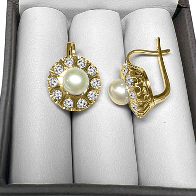 Russian Style Cultured Pearl Earrings 585 Gold