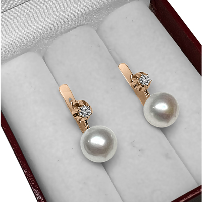 Russian Style Diamond Pearl Earrings 585 14k