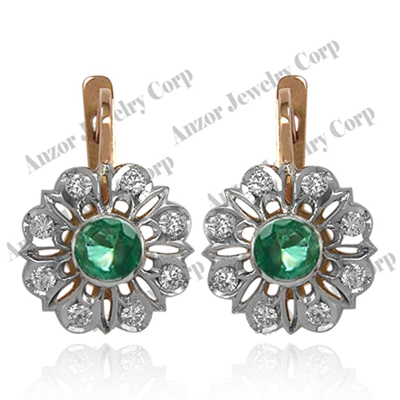 Russian style Emerald & Diamond Earrings 14K