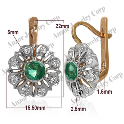 Russian style Emerald & Diamond Earrings 14K