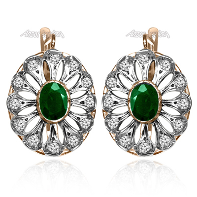 Russian Style Diamond Emerald Earrings 14k Gold
